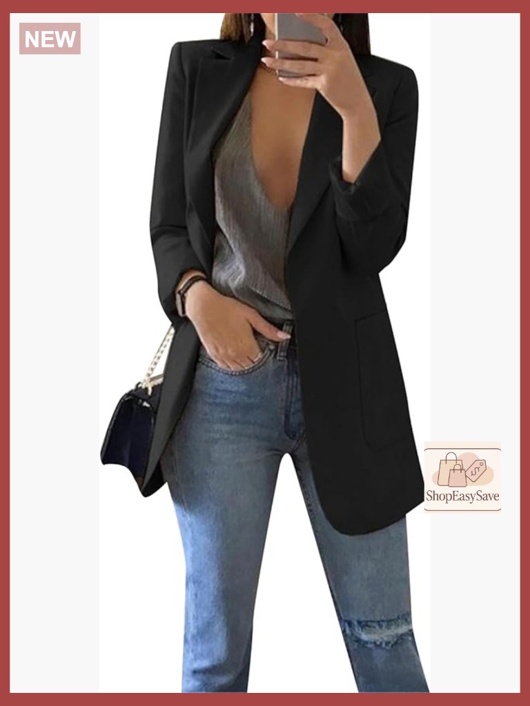 Open Front Long Sleeve Blazer Classic Lapel Collar Slim Fit Professional Chic